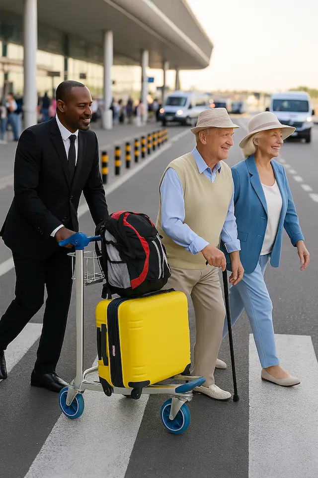 Senior traveler being assisted with luggage curbside