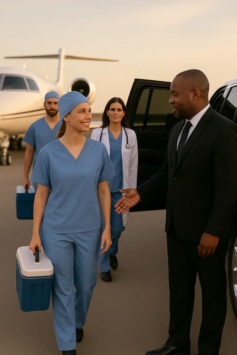 Coche con chófer recogiendo equipo de trasplante en aeropuerto privado de San Diego